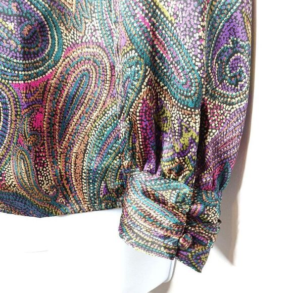 Vintage Tess Paisley Secretary Blouse Sz 4P Purple Teal Gold Shoulder Pads - Picture 4 of 7